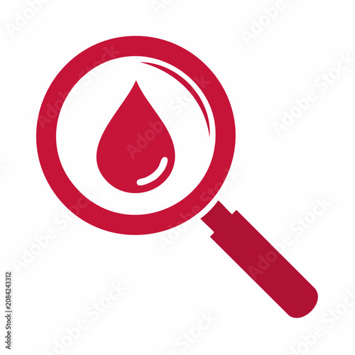 Red magnifying glass icon with blood drop symbol.