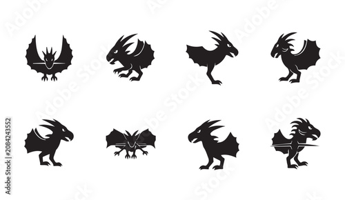 Collection of stylized dragon silhouettes in dynamic poses against a white background for graphic design