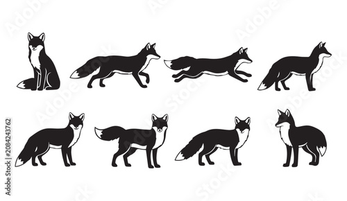 Collection of stylized black foxes in various dynamic poses during daytime against a white background clean vector illustration