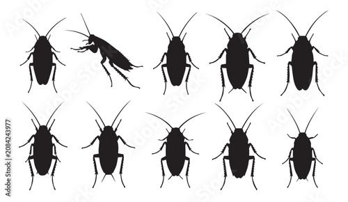 Cockroach silhouettes arranged in rows against a clean white background with one insect in motion
