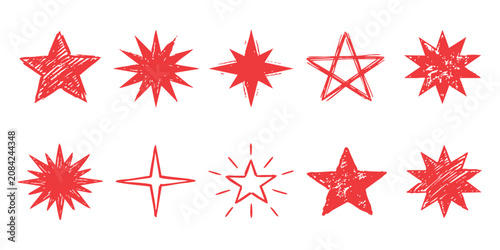 Set of ten hand drawn red star icons with scribble texture style for festive holiday design elements collection