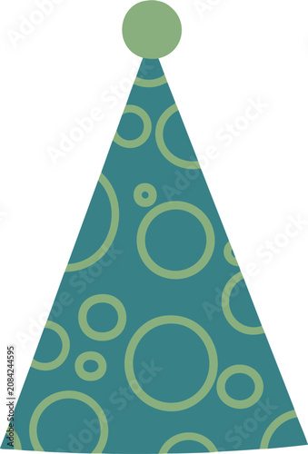a dark teal birthday party hat featuring soft green circular retro patterns and a green pom-pom. Ideal for festive graphics, birthday invitations, celebration icons, greeting cards.
