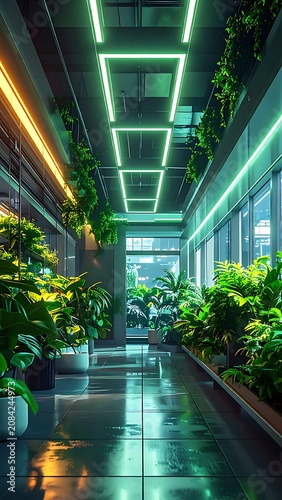 Modern interior with green plants and neon lights.