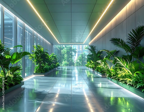 Modern interior with lush green plants.
