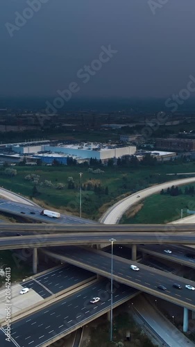 Aerial interchange with overpasses and moving cars, showing multilane highway ramps crossing above each other beside industrial buildings and surrounding green landscape under overcast sky.