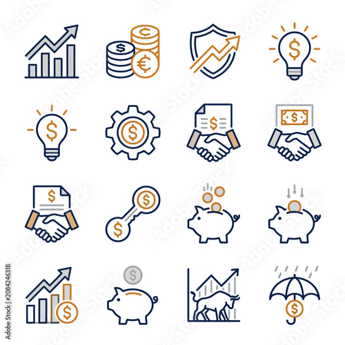 Collection of financial and business icons for investment
