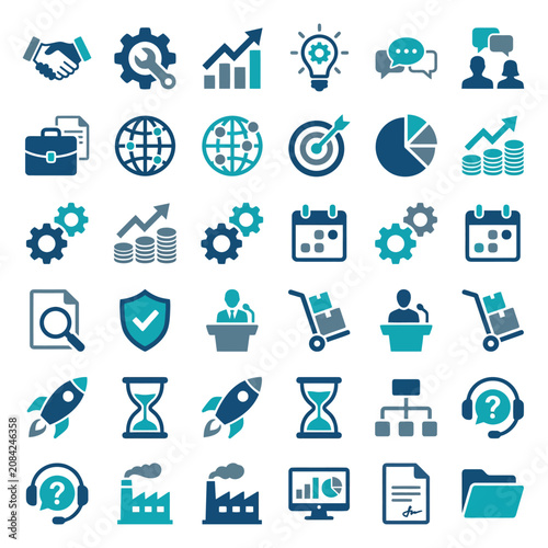 Blue and teal business icons are set on a white background