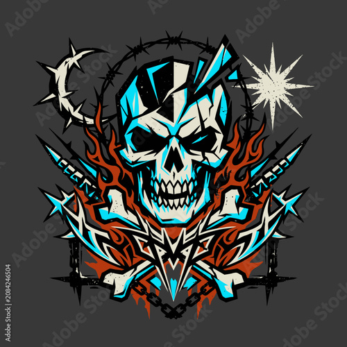 A vibrant, aggressive skull illustration with sharp elements and flames