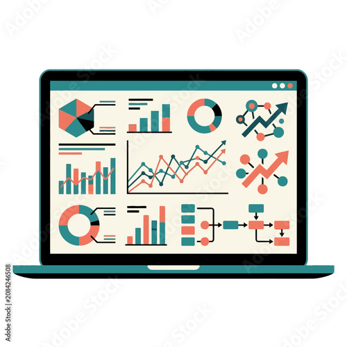 A laptop screen displays various colorful business data charts