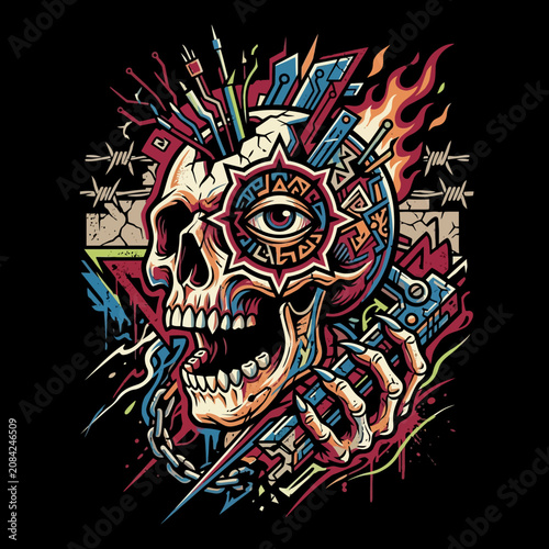 Abstract skull design with wires, flames and geometric shapes