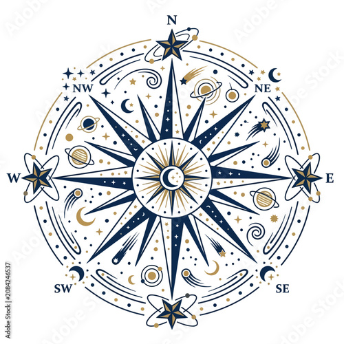 A decorative celestial compass design with stars and planets