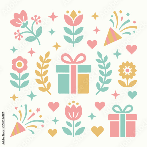 A collection of cute festive icons with flowers and gifts