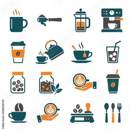 Collection of modern coffee and tea icons in flat style