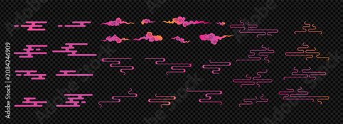 Set of traditional asian cloud scroll and geomatric pattern with gradient isolated on transparent background