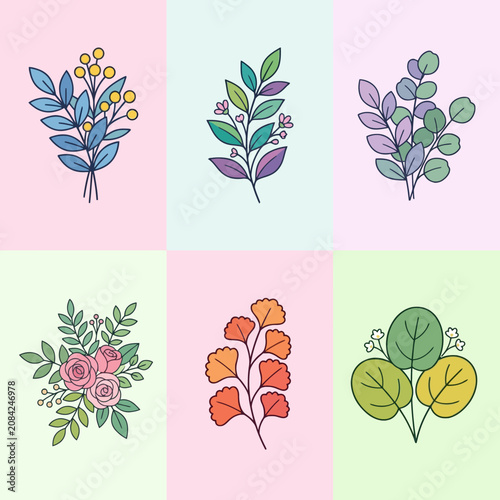 A collection of hand drawn botanical illustrations on pastel backgrounds
