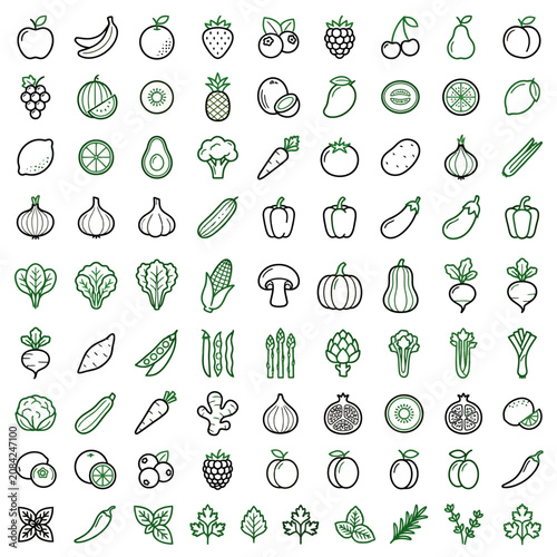 Set of hand-drawn green and black fruit and vegetable icons