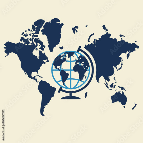 A minimalist world map illustration with a central globe icon