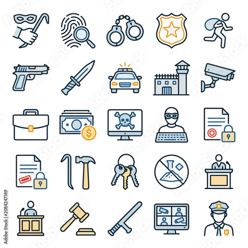 Vector icon set representing crime, law enforcement and justice