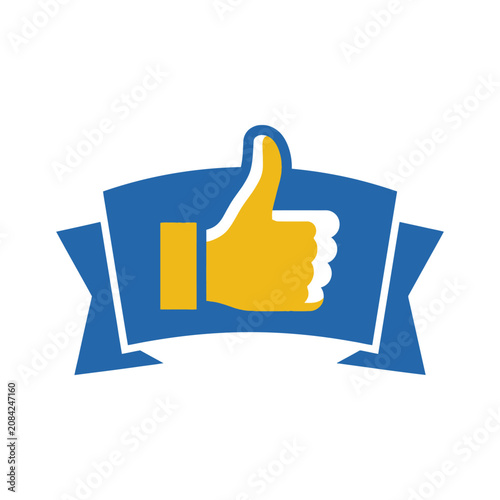 Yellow thumbs up icon placed on a blue ribbon banner