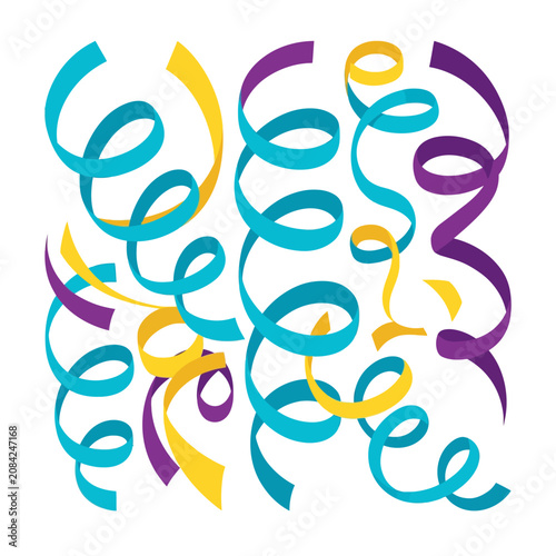 Colorful party streamers and curly ribbons on a white background