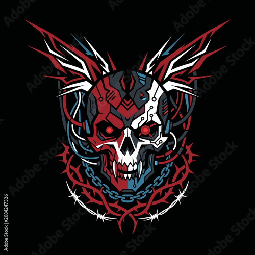 Cybernetic skull illustration with intricate wires and circuit patterns