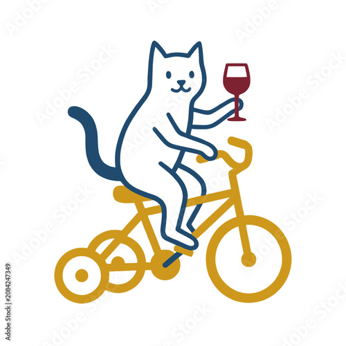 Whimsical cat riding a yellow bicycle holds a glass of wine