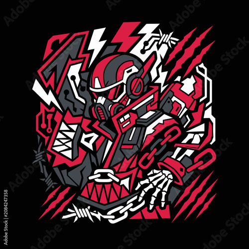Aggressive futuristic character with a gas mask and chains artwork