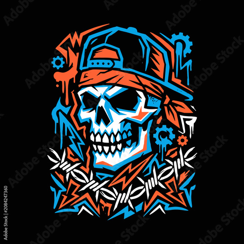 Vibrant skull illustration with a cap and barbed wire details