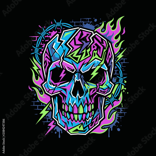 Colorful skull illustration with vibrant neon flames and barbed wire