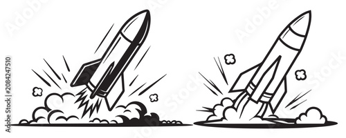 Foto Rocket launch illustration in comic style showing missile lift off with smoke clouds and fire trail