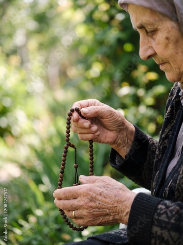 Elderly hands counting prayer beads outdoors, peaceful spiritual moment close-up
