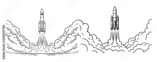 Obraz na płótnie Space shuttle launch sketches with massive smoke clouds and fire exhaust in hand drawn engine style
