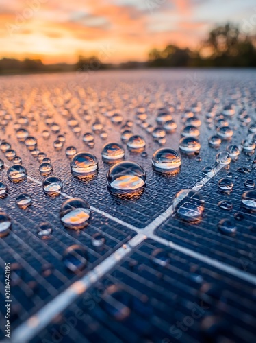 Macro dew drops on solar panel at sunrise, renewable energy detail close-up
