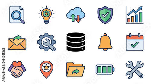 Collection of modern flat icons for technology and business concepts.