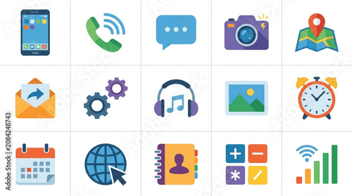 Collection of modern flat icons representing technology and communication.