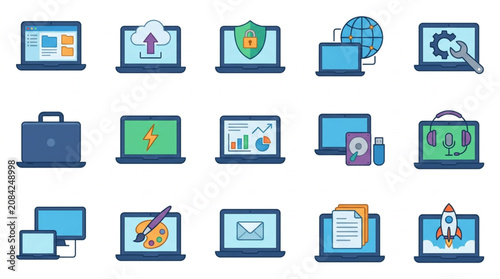 Collection of modern technology and computer icons for digital business.
