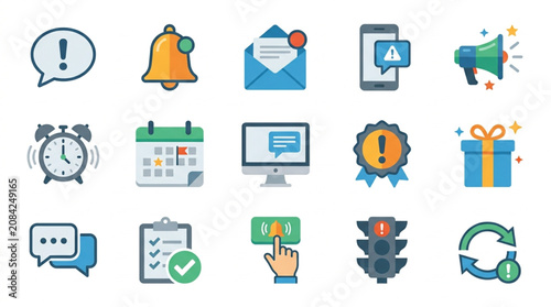 Collection of notification and alert icons for digital communication.
