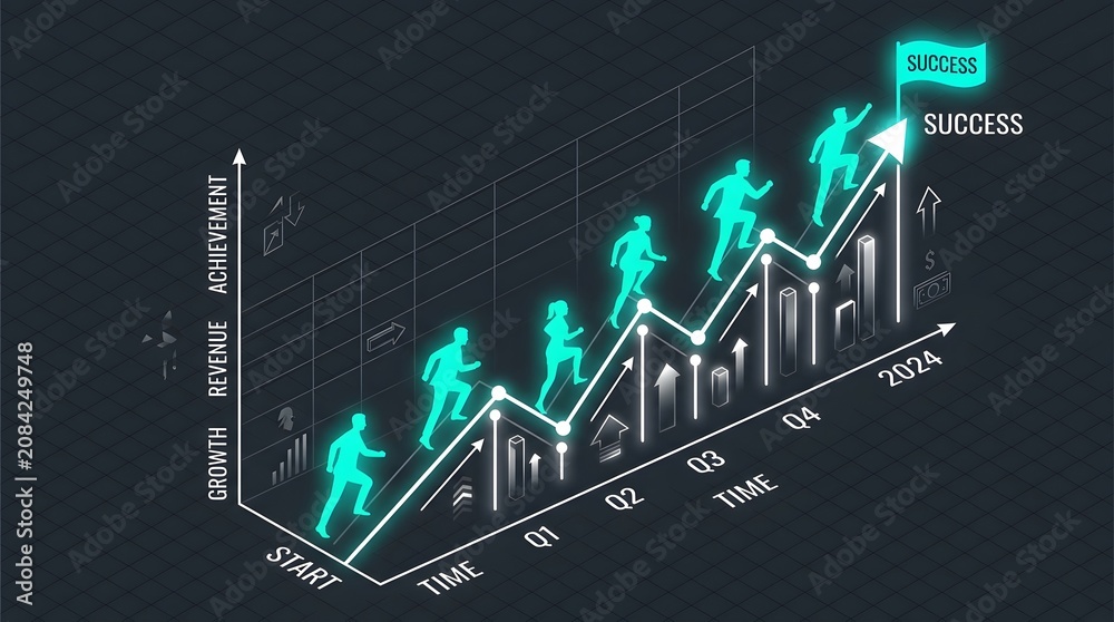 Obraz premium Isometric 3D Vector Illustration of Business Growth and Achievement with Rising Bar Chart and People Climbing Towards Success Flag