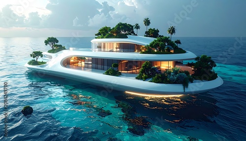 Modern luxury oceanfront floating villa resort.