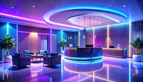 Modern neon lit interior lobby area.