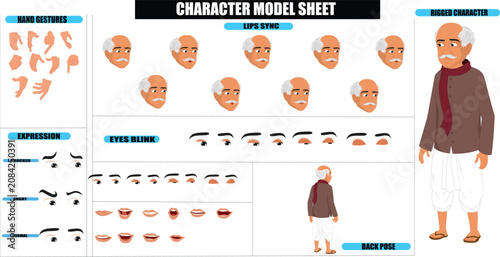 Foto Indian Village Bald Old Man Sprite Sheet | Rigged 2D Character with Lip Sync, Wa