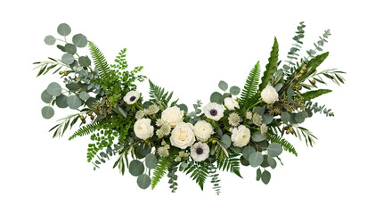 Crescent arrangement of eucalyptus, fern leaves, olive branches and white flowers. Isolated