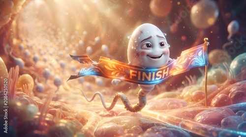 A smiling anthropomorphic heart character crosses the vibrant finish line triumphantly in a fantastical environment filled with glowing orbs and swirling patterns.