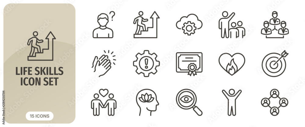 Fototapeta premium Life skills icon set, personal development, professional growth, education, and social interaction thin line icons