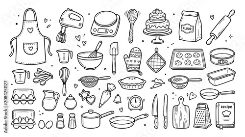 Quadro su tela Hand Drawn Baking and Cooking Kitchen Utensils Doodle Icons Set with Bakeware an
