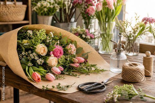 Local Florist Wrapping Table Scene In Soft Commercial Light