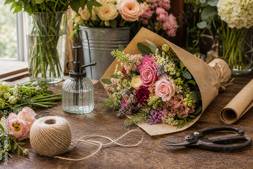 Local Florist Wrapping Table Scene With Tactile Material Focus