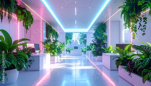 Modern office interior with green plants.