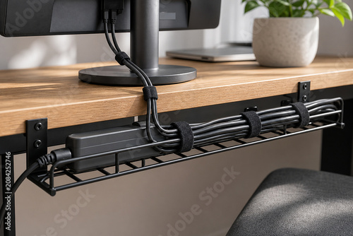 Home Office Cable Management Scene With Tactile Material Focus