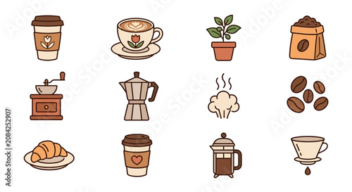 Coffee Icons Collection: Cup, Beans, Grinder, Croissant, Plant, French Press